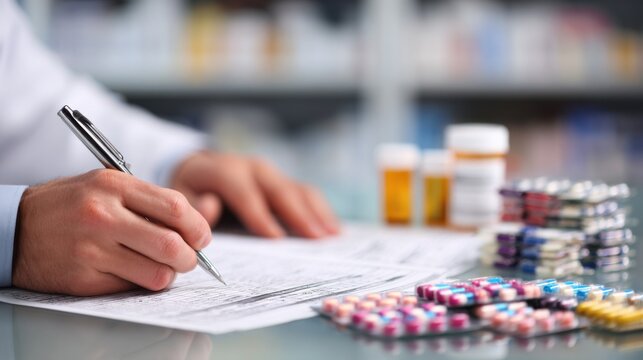 Pharmacist reviewing medication dosage charts in a medium shot with main papers and pen in focus conveying dosage optimization to reduce patient costs.