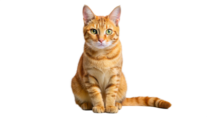 Alert orange tabby cat sits proudly against a stark black background with wide eyes