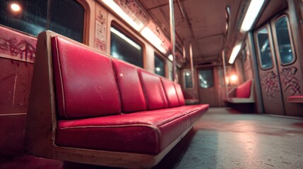 The interior of a vintage subway car with red seating, evoking a sense of nostalgia.