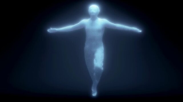 Glowing blue humanoid figure floating in dark space. Digital body scan visualization. Futuristic human anatomy model for medical or sci-fi concept. Virtual reality avatar.