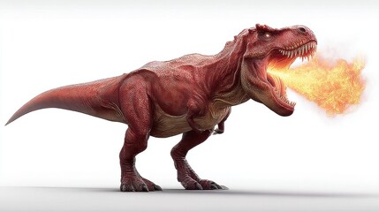 Fototapeta premium A fierce Tyrannosaurus Rex roars as it breathes flames in a prehistoric scene.