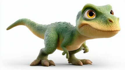 Fototapeta premium A charming cartoon dinosaur with big, expressive eyes on a clean white background.