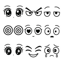 Expressive Cartoon Eyes. Line style icons of expressive cartoon eyes: big anime eyes, angry cartoon eyes, sleepy cartoon eyes,