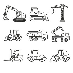 Fototapeta premium Heavy Machinery Icons. Line style icons of heavy machinery: excavator, bulldozer, crane, dump truck, backhoe, concrete pump,