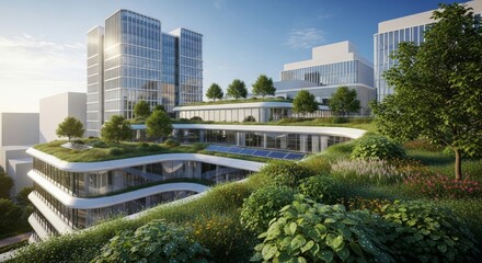 Modern Sustainable Architecture with Green Roof and Urban Landscape