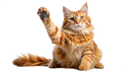 Fluffy orange maine coon cat sitting with paw raised in a playful greeting against a black background
