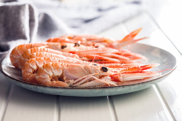 Scampi langoustine on plate on white table.
