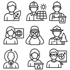 Environmental Professions Icons. Line style icons of environmental and green professions: ecologist with leaf, renewable energy