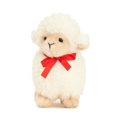 Lamb soft toy with red ribbon isolated on a white background