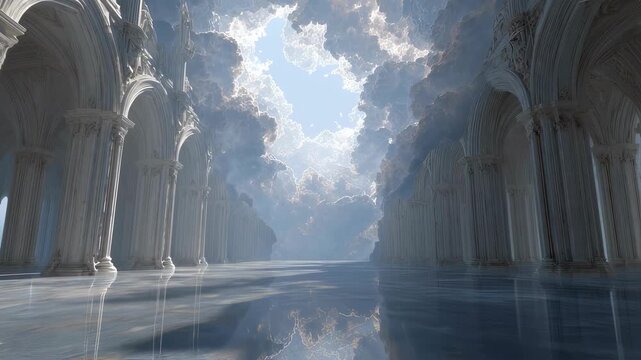 Surreal architectural video of majestic stone arches and columns reflecting in water. Dreamlike heavenly scene with clouds and light. Spiritual journey concept.