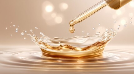 A golden droplet creates a stunning splash, ideal for cosmetic and beauty product imagery.