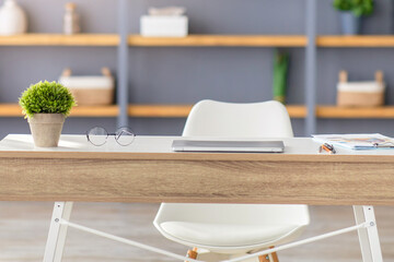 Home office interior. Table with laptop, shelves with potted plants, decor elements and accessories, gray wall in cabinet, copy space. Simple and modern home interior