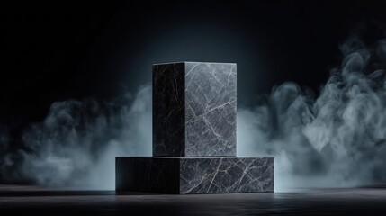 A sophisticated marble podium set against a smoky, dark backdrop, ideal for product showcasing.