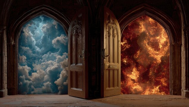 Two doorways, one to heaven, the other to hell, reveal contrasting landscapes