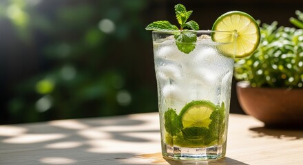 Fototapeta premium Refreshing Mojito With Lime Slice and Mint Leaves in Sunlight