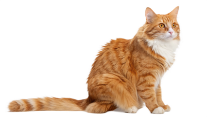 Majestic orange tabby cat with white chest sits proudly against a stark black background
