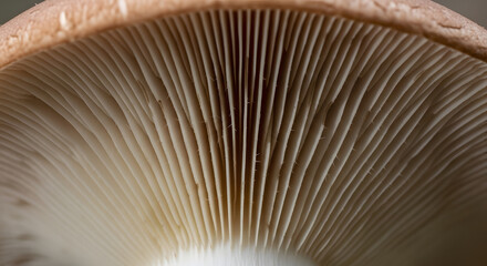 A detailed macro view of the intricate, radiating pattern of gills on the underside of a mushroom.