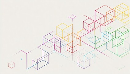 Simple line art, with colorful lines connecting simple geometric shapes to form an isometric network of interconnected blocks on a white background Generative AI