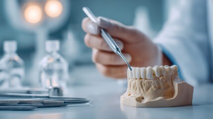 Obraz premium A dentist examines a dental mold in a clinic, focusing on teeth and oral health.