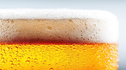 Bubbles and foam detail of a cold, refreshing pint of beer in close-up.