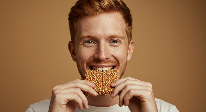 Happy Man with Red Hair Eating a Crispy Brown Rice Cereal Bar - High-quality stock image for commercial use - Powered by Adobe