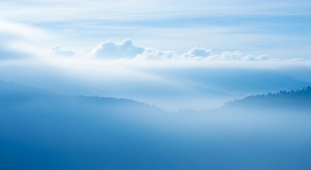 Serene Blue Mist Over Rolling Hills and Soft Clouds in Sky
