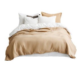 Obraz premium Front view of a bed with brown sheets. Isolated from a white background.