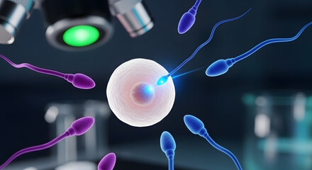 A stylized illustration of sperm cells competing to fertilize a human egg under a laboratory microscope.
