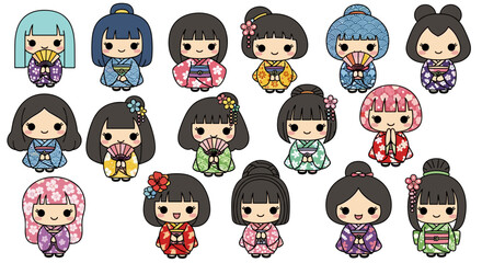 Cute Kokeshi Dolls Arrayed in Colorful Kimonos: A Delightful Collection