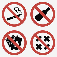 Four prohibition signs showing no smoking no alcohol no gambling and no drugs