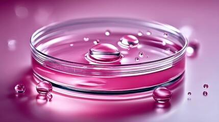 A close-up of a petri dish filled with pink liquid and crystal clear water droplets, for a scientific visual