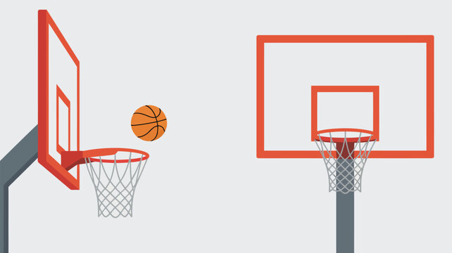 Two basketball hoops with a ball in mid air