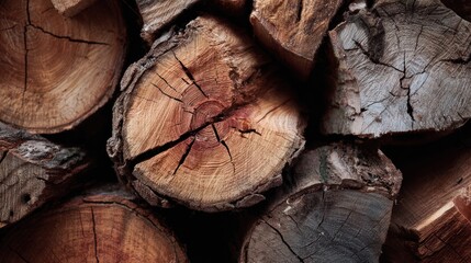 Stacked logs of firewood show ring patterns, splits, and varying wood tones