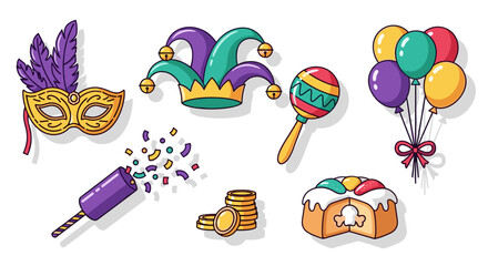 Fototapeta premium Colorful Mardi Gras celebration featuring mask, balloons, cake and decorations.