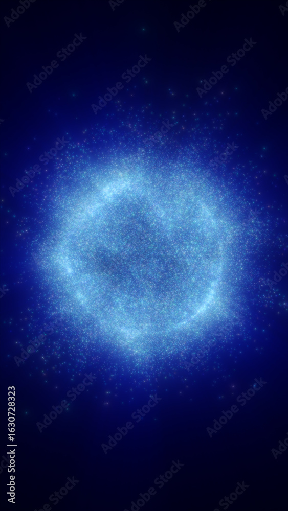 Poster blue glowing particle sphere in deep space, resembling a nebula or energy cluster in a digital cosmo