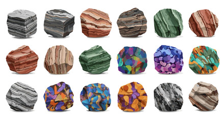 Collection of Colorful Stratified Rock Specimens Displayed Against a White Background