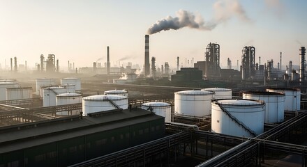 Obraz premium Wide shot of an industrial oil refinery complex.