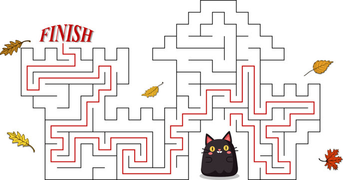 Funny squishmallow black cat want to escape the castle. A Halloween autumn vector maze game where squishy toy must navigate through black fortress. Help it find the right path to escape the labyrinth