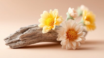 Obraz premium Beautiful yellow and peach flowers on weathered driftwood create a serene scene.