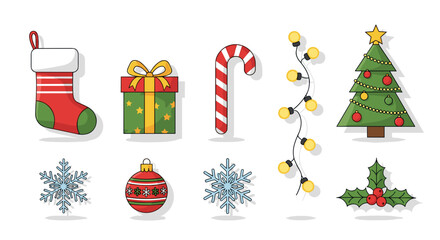 Cheerful Christmas icons collection featuring stocking, gift box, and other festive decorations.