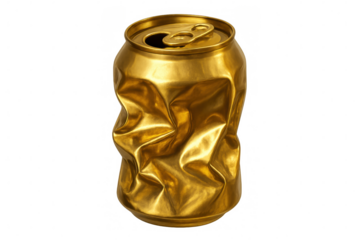 Crumpled golden aluminum beverage container showcasing recycling concept against transparent backdrop