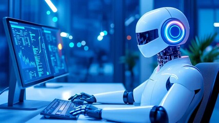 White humanoid robot with circular eye interface working at computer, analyzing complex data visualization screens in blue-toned technological environment. Robotic hands typing on keyboard - Powered by Adobe