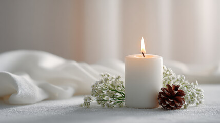 minimalistic christmas celebration ambiance in usa featuring single christmas candle on pristine white table