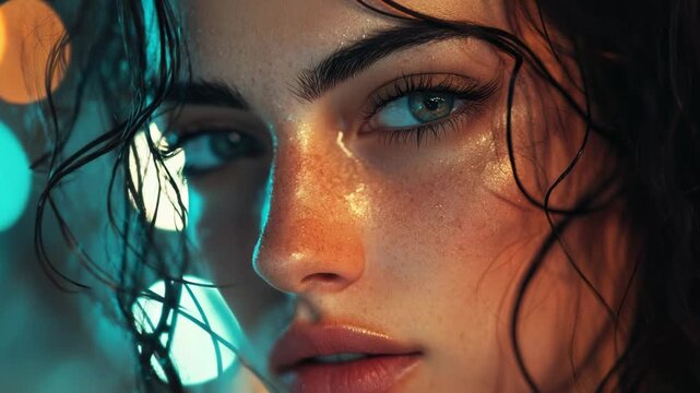 A close-up view of a woman's face with dripping wet hair