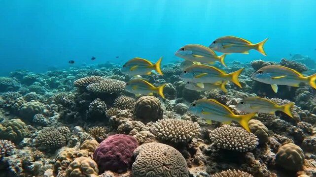 School of Yellowtail Snapper Swimming Over Vibrant Coral Reef in Clear Blue Ocean