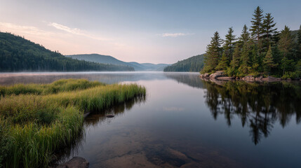 Fototapeta premium breathtaking summer sunrise over tranquil lake ethereal beauty of dawn