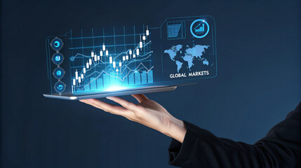 A stylized image showing a light-skinned hand holding an advanced holographic financial console. The console contains real-time updates of global markets, sharp candlestick graphs, and currency symbol