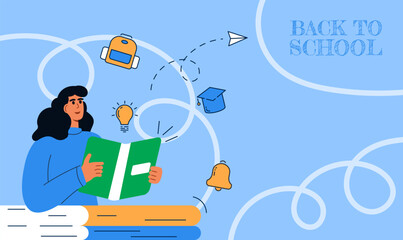 Back to school concept. Happy woman with book. Vector education illustration. Banner, poster, flat design with woman character. Vector illustration