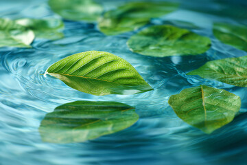 Leaves Floating in Clear Blue Water