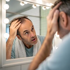 Middle-aged man observing his hairline in bathroom mirror showing signs of hair loss